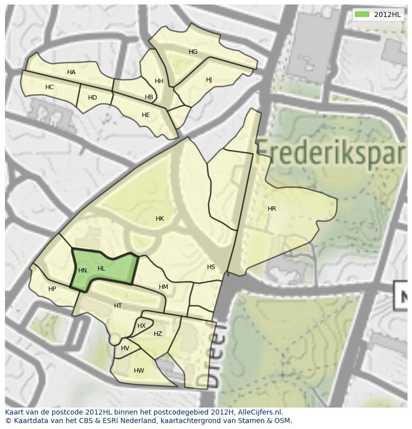 Afbeelding van het postcodegebied 2012 HL op de kaart.