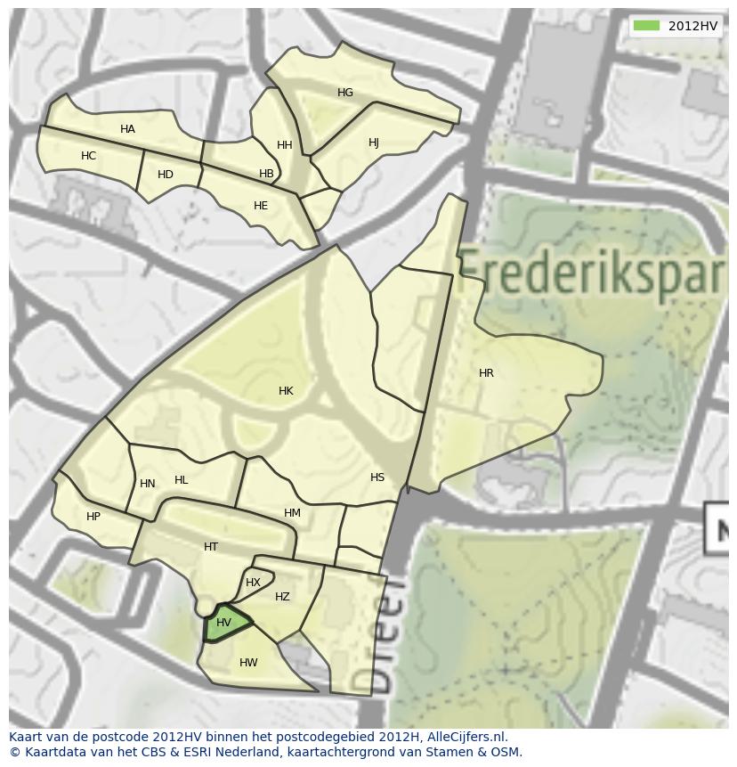 Afbeelding van het postcodegebied 2012 HV op de kaart.