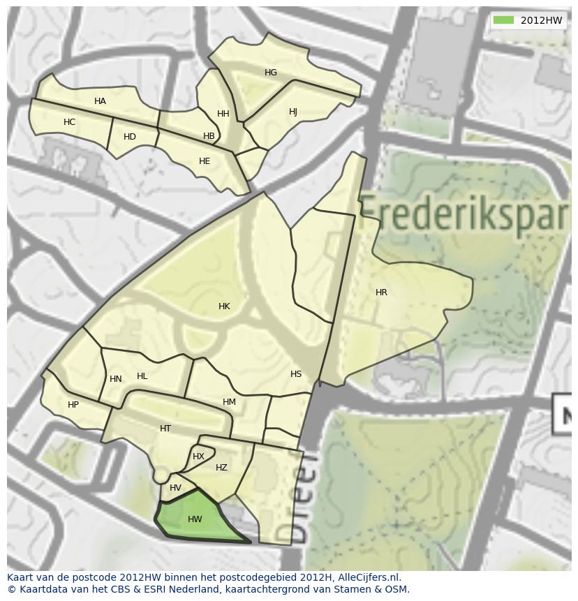 Afbeelding van het postcodegebied 2012 HW op de kaart.