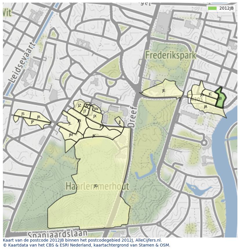 Afbeelding van het postcodegebied 2012 JB op de kaart.