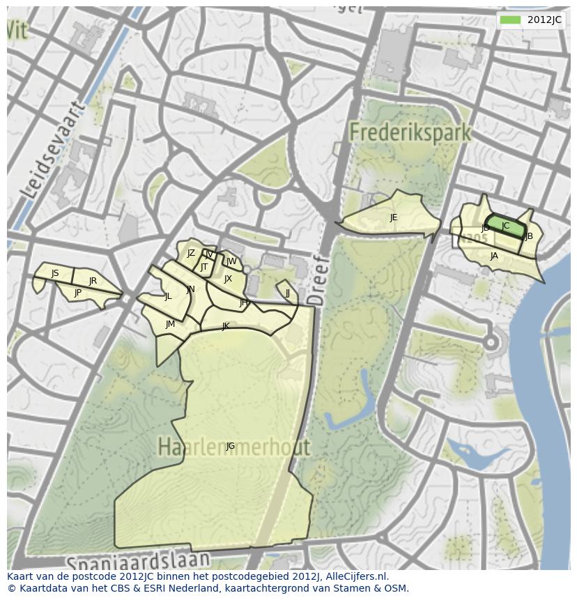 Afbeelding van het postcodegebied 2012 JC op de kaart.