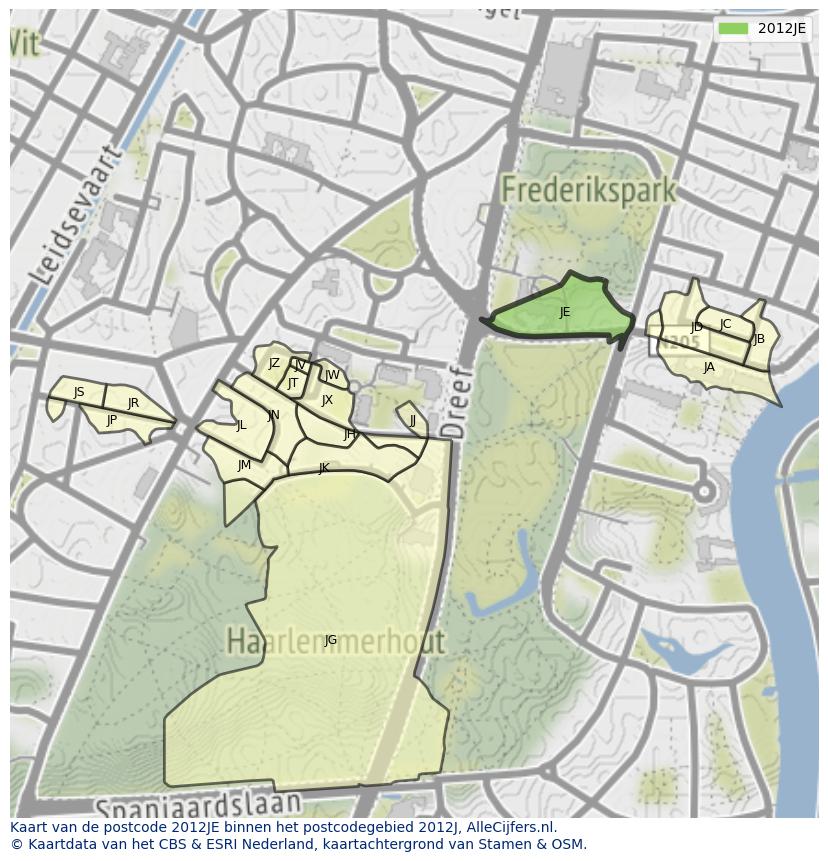 Afbeelding van het postcodegebied 2012 JE op de kaart.
