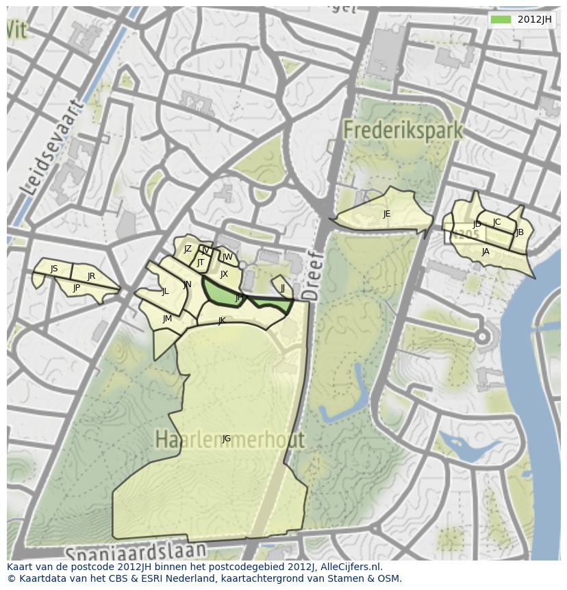 Afbeelding van het postcodegebied 2012 JH op de kaart.