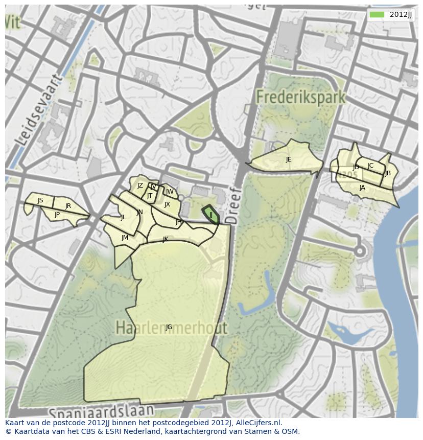 Afbeelding van het postcodegebied 2012 JJ op de kaart.
