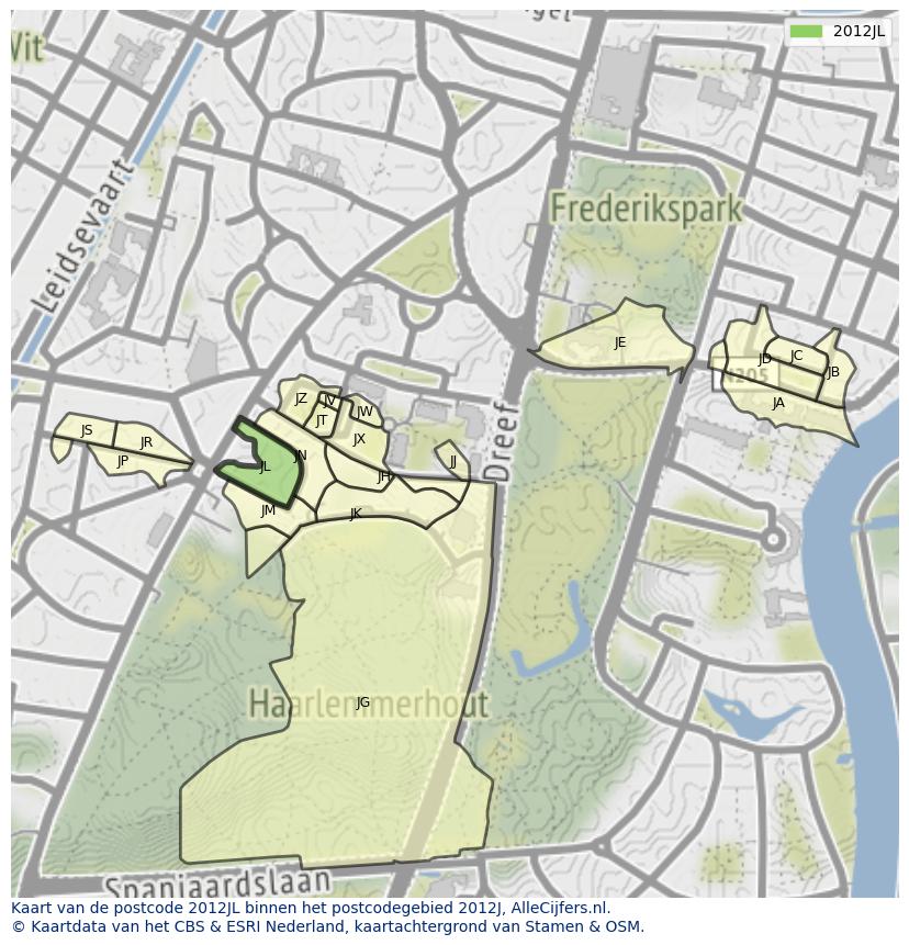 Afbeelding van het postcodegebied 2012 JL op de kaart.
