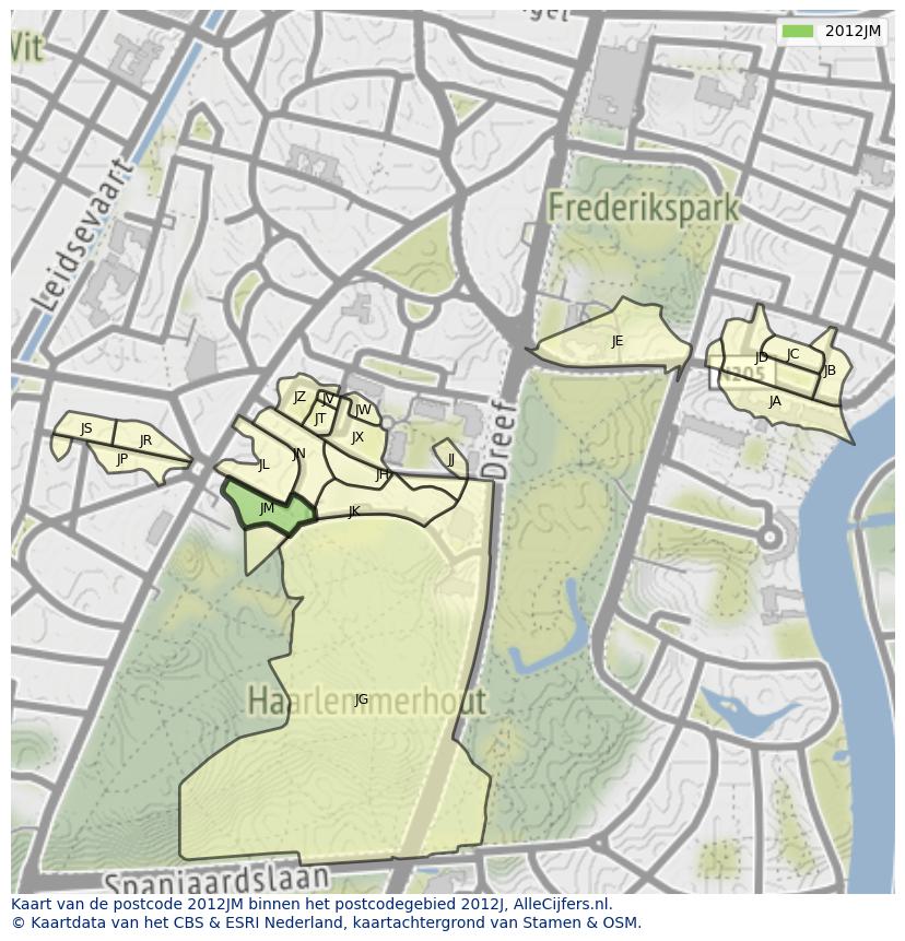 Afbeelding van het postcodegebied 2012 JM op de kaart.