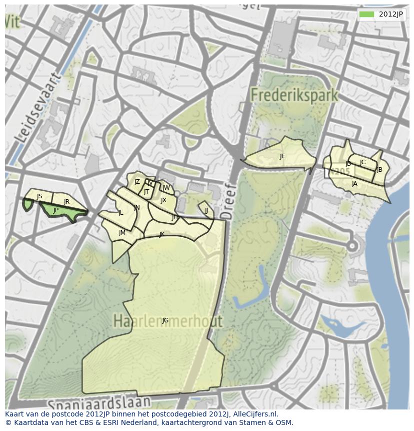 Afbeelding van het postcodegebied 2012 JP op de kaart.