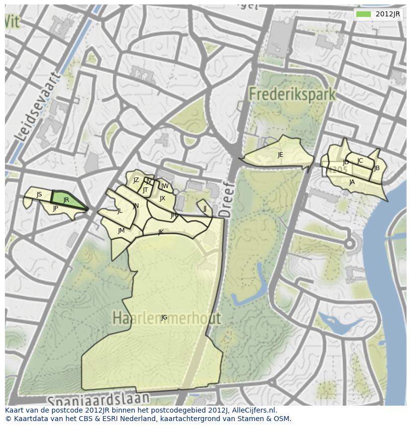 Afbeelding van het postcodegebied 2012 JR op de kaart.