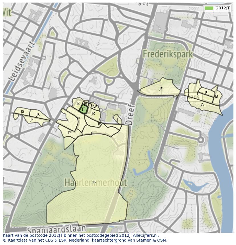 Afbeelding van het postcodegebied 2012 JT op de kaart.