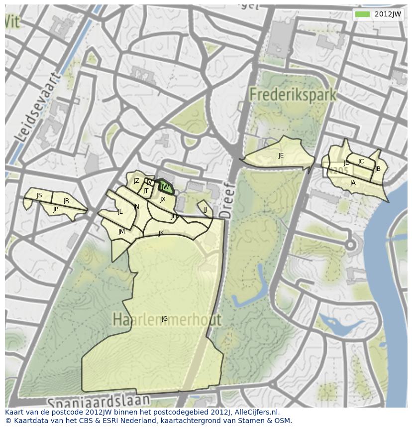 Afbeelding van het postcodegebied 2012 JW op de kaart.