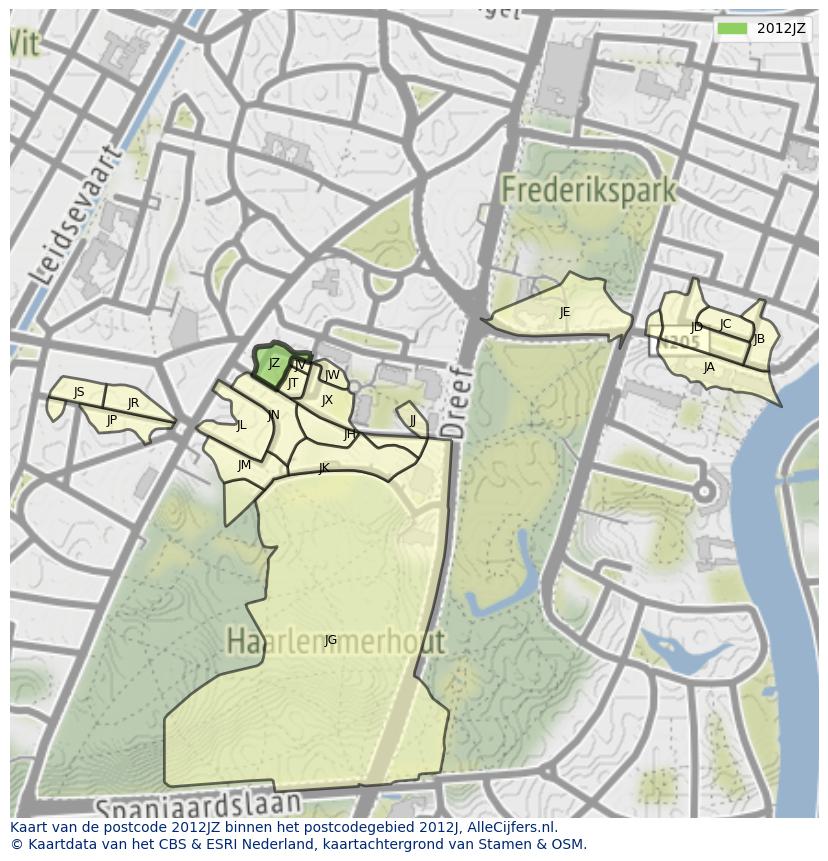 Afbeelding van het postcodegebied 2012 JZ op de kaart.
