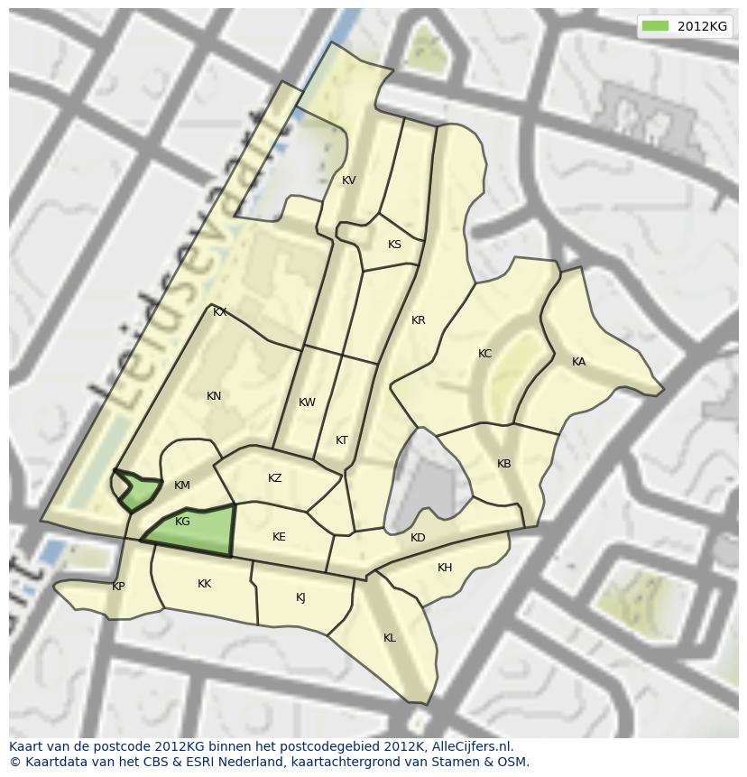 Afbeelding van het postcodegebied 2012 KG op de kaart.