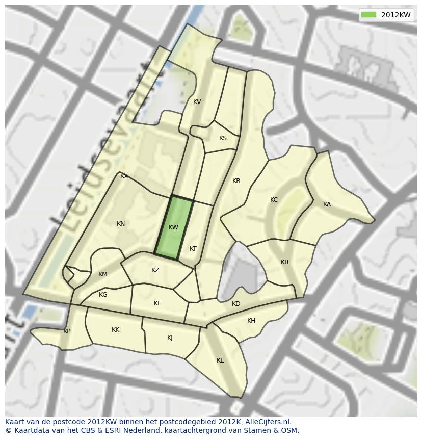 Afbeelding van het postcodegebied 2012 KW op de kaart.