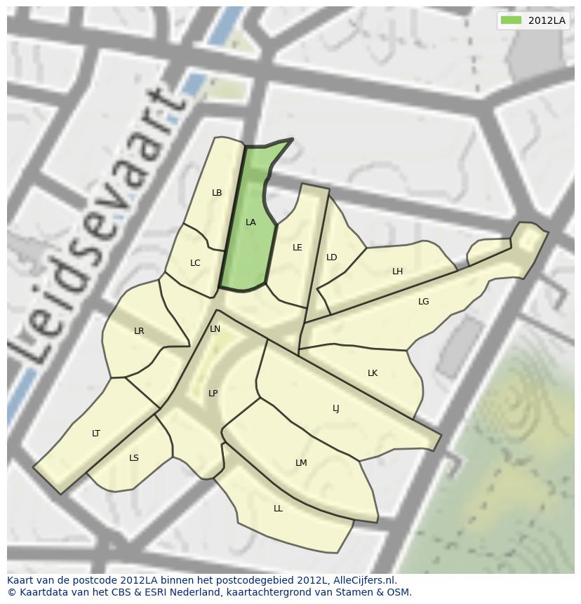 Afbeelding van het postcodegebied 2012 LA op de kaart.