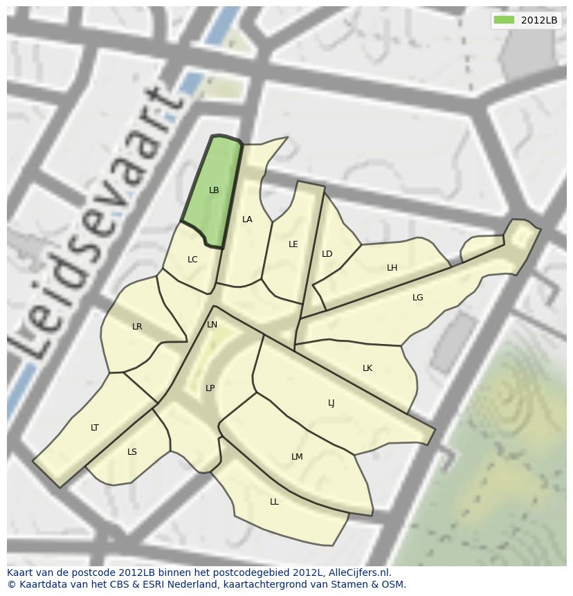 Afbeelding van het postcodegebied 2012 LB op de kaart.