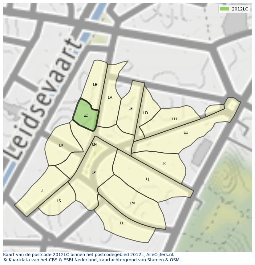 Afbeelding van het postcodegebied 2012 LC op de kaart.
