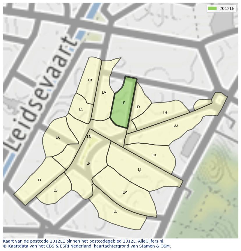 Afbeelding van het postcodegebied 2012 LE op de kaart.