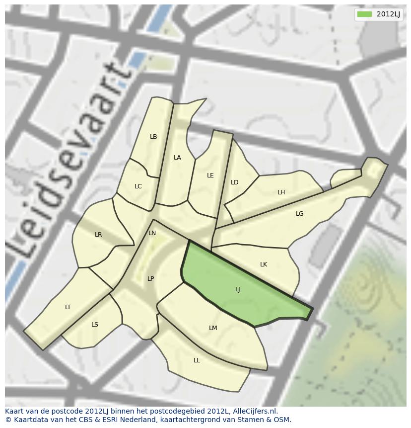 Afbeelding van het postcodegebied 2012 LJ op de kaart.