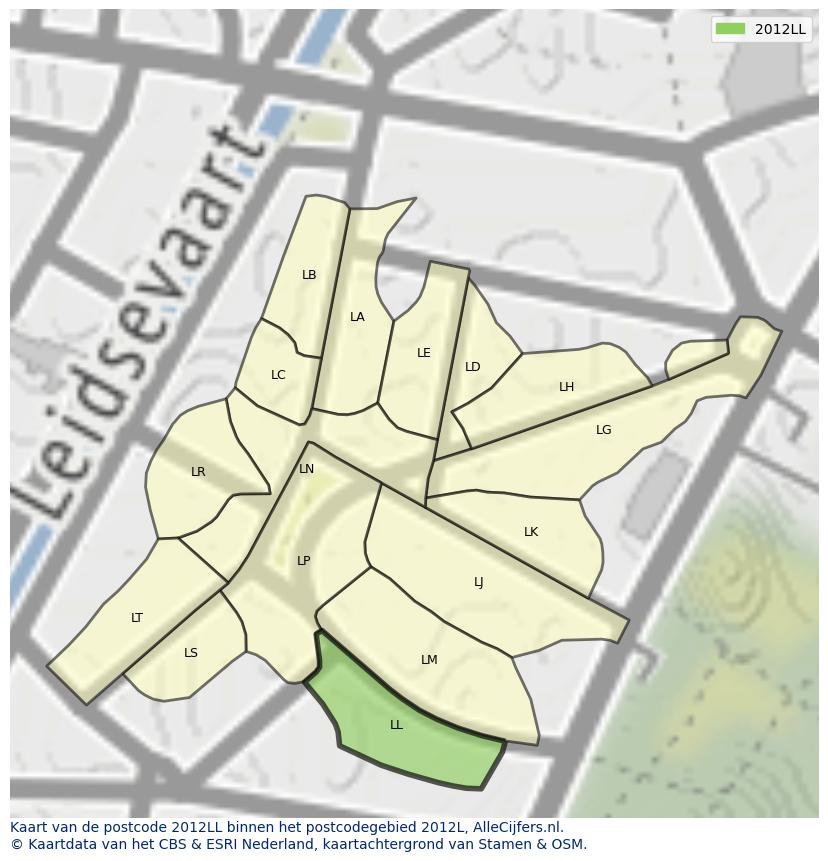 Afbeelding van het postcodegebied 2012 LL op de kaart.
