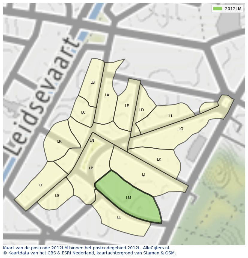 Afbeelding van het postcodegebied 2012 LM op de kaart.