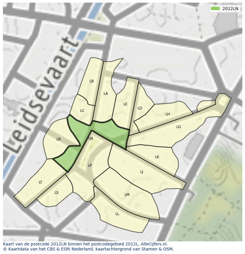 Afbeelding van het postcodegebied 2012 LN op de kaart.