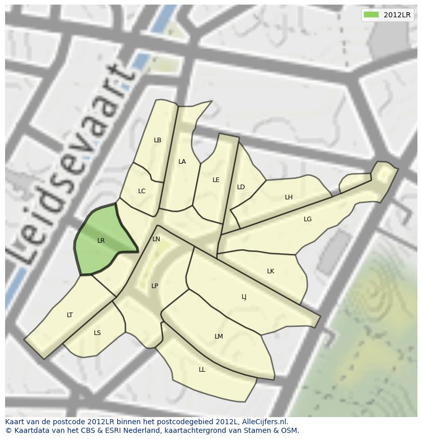 Afbeelding van het postcodegebied 2012 LR op de kaart.
