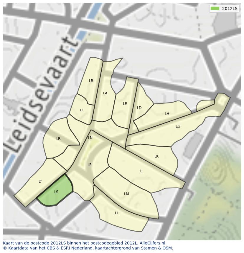 Afbeelding van het postcodegebied 2012 LS op de kaart.