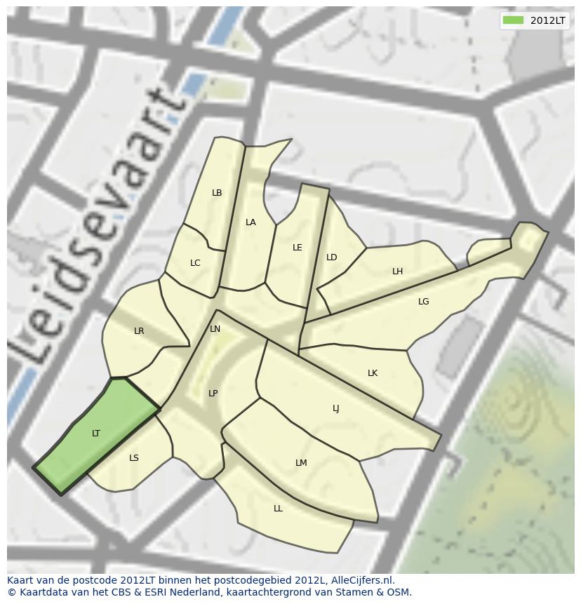 Afbeelding van het postcodegebied 2012 LT op de kaart.