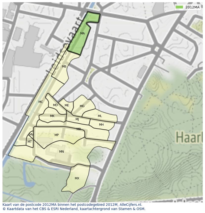 Afbeelding van het postcodegebied 2012 MA op de kaart.