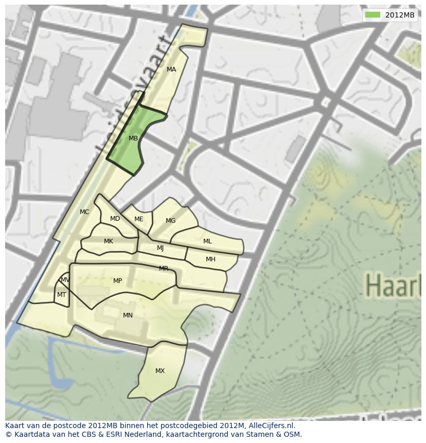 Afbeelding van het postcodegebied 2012 MB op de kaart.