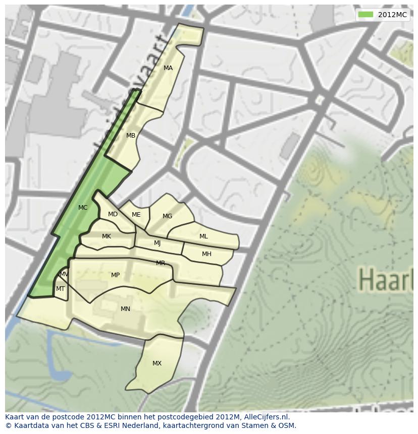Afbeelding van het postcodegebied 2012 MC op de kaart.