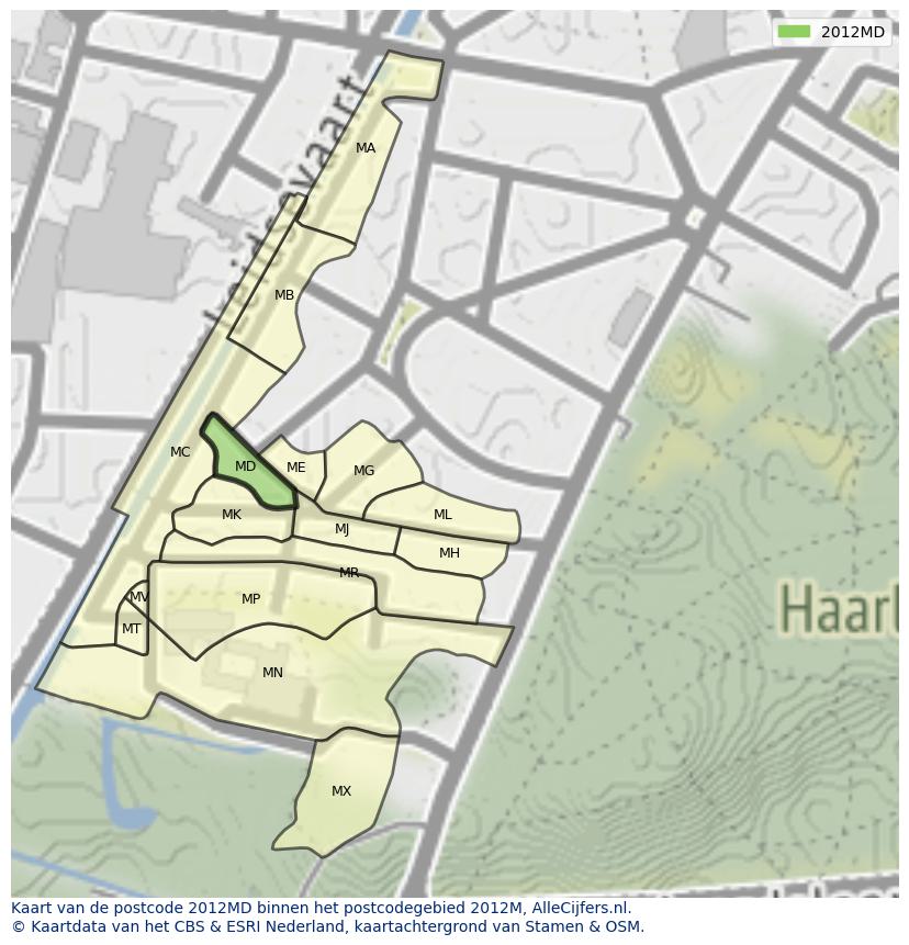 Afbeelding van het postcodegebied 2012 MD op de kaart.