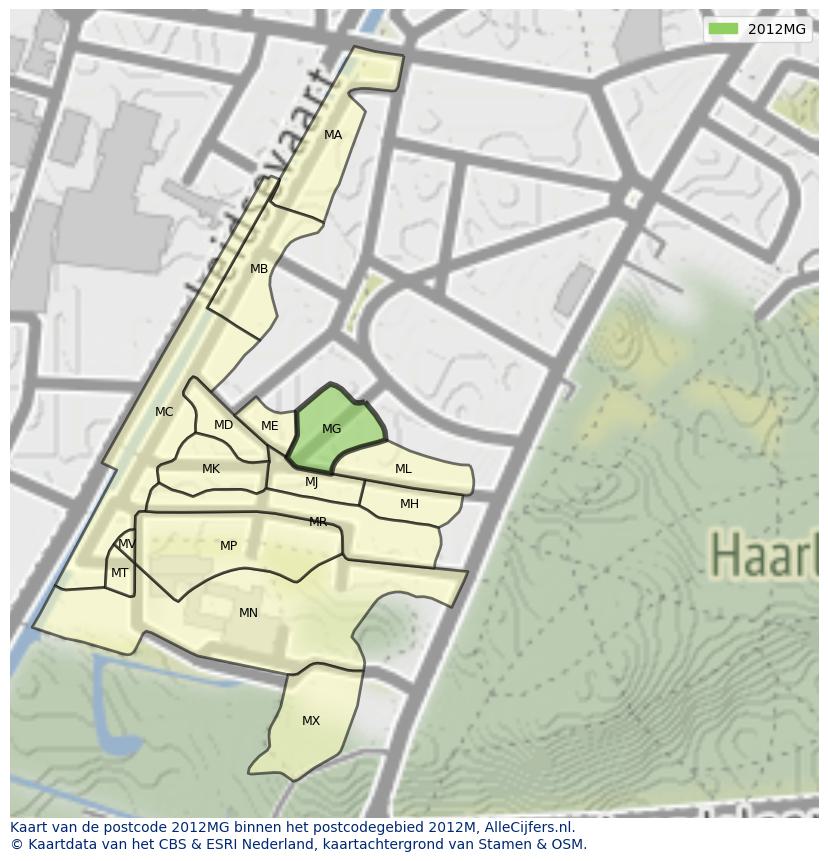 Afbeelding van het postcodegebied 2012 MG op de kaart.