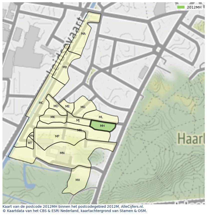 Afbeelding van het postcodegebied 2012 MH op de kaart.