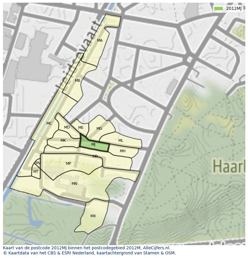 Afbeelding van het postcodegebied 2012 MJ op de kaart.