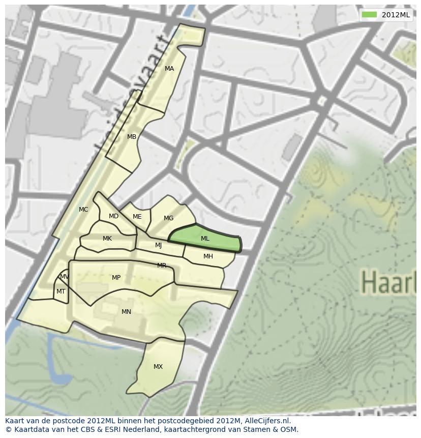 Afbeelding van het postcodegebied 2012 ML op de kaart.