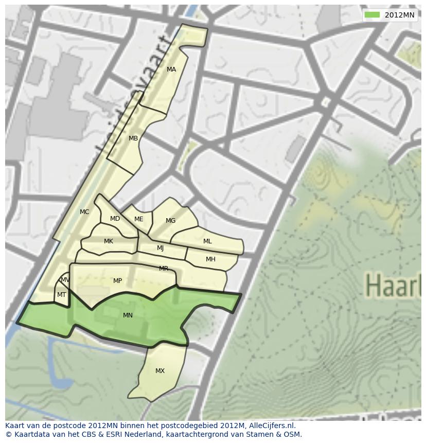 Afbeelding van het postcodegebied 2012 MN op de kaart.