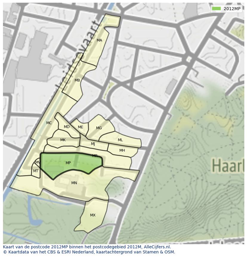 Afbeelding van het postcodegebied 2012 MP op de kaart.