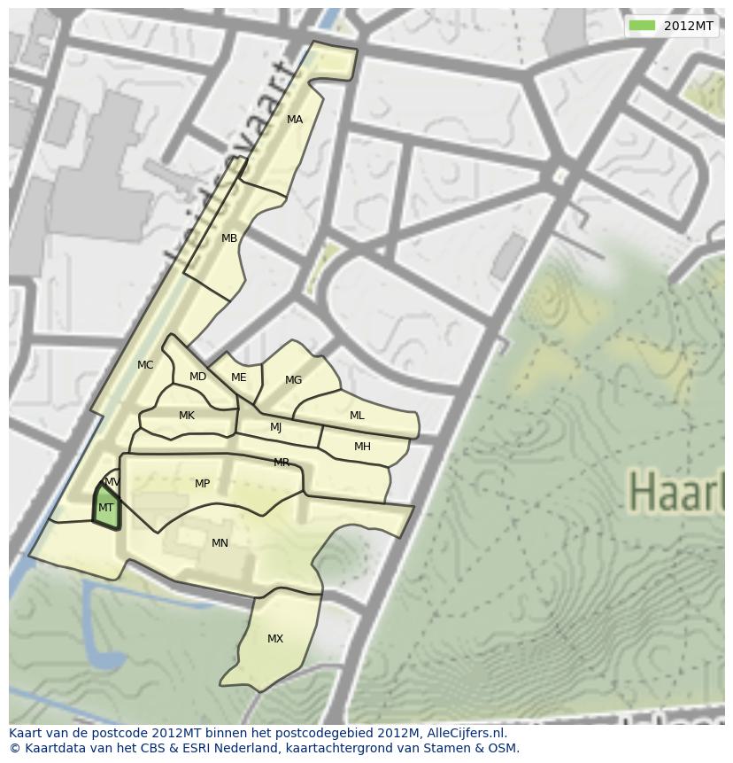 Afbeelding van het postcodegebied 2012 MT op de kaart.