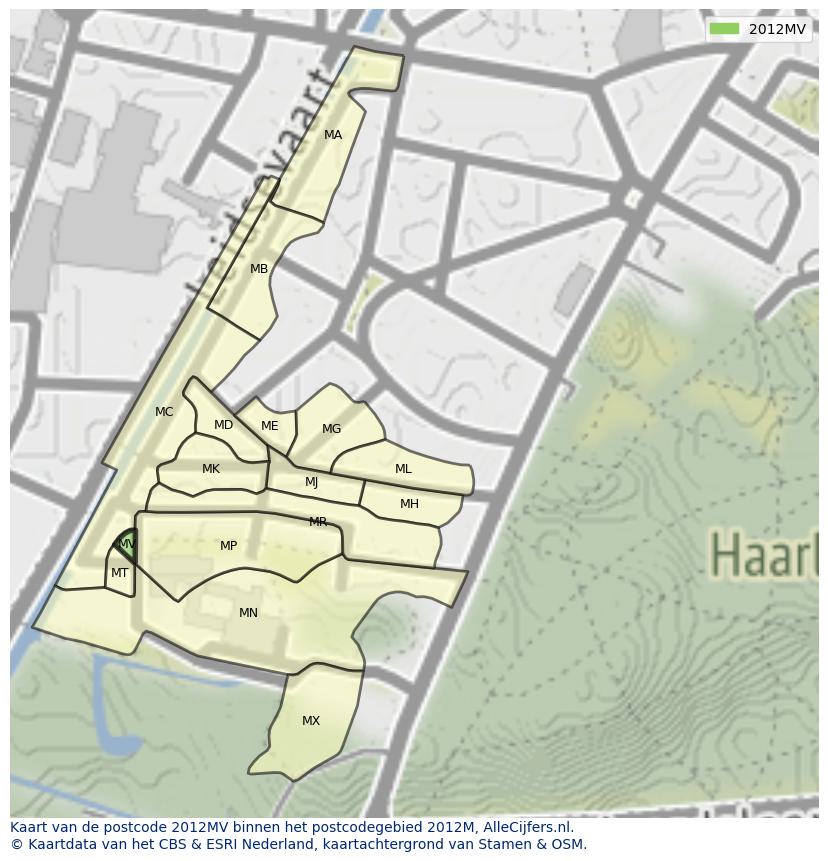Afbeelding van het postcodegebied 2012 MV op de kaart.