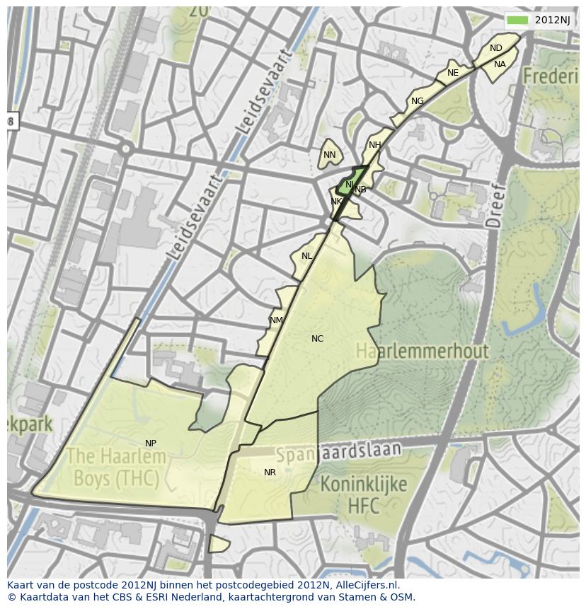 Afbeelding van het postcodegebied 2012 NJ op de kaart.