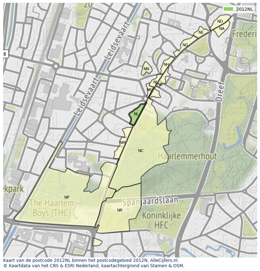 Afbeelding van het postcodegebied 2012 NL op de kaart.