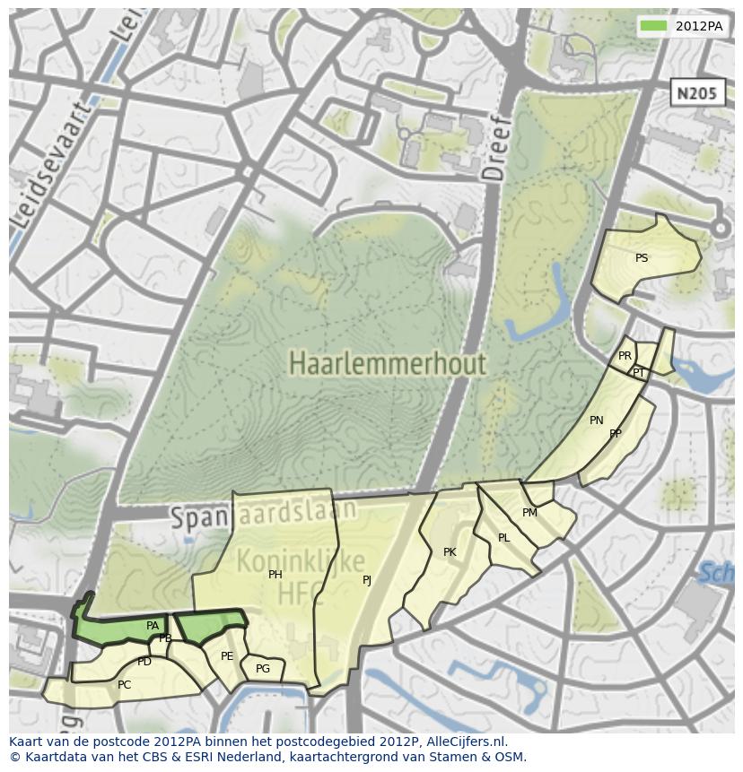 Afbeelding van het postcodegebied 2012 PA op de kaart.