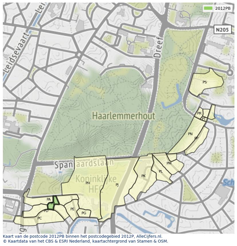 Afbeelding van het postcodegebied 2012 PB op de kaart.