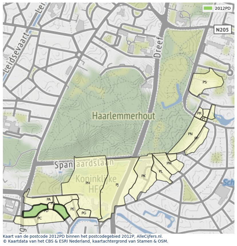 Afbeelding van het postcodegebied 2012 PD op de kaart.