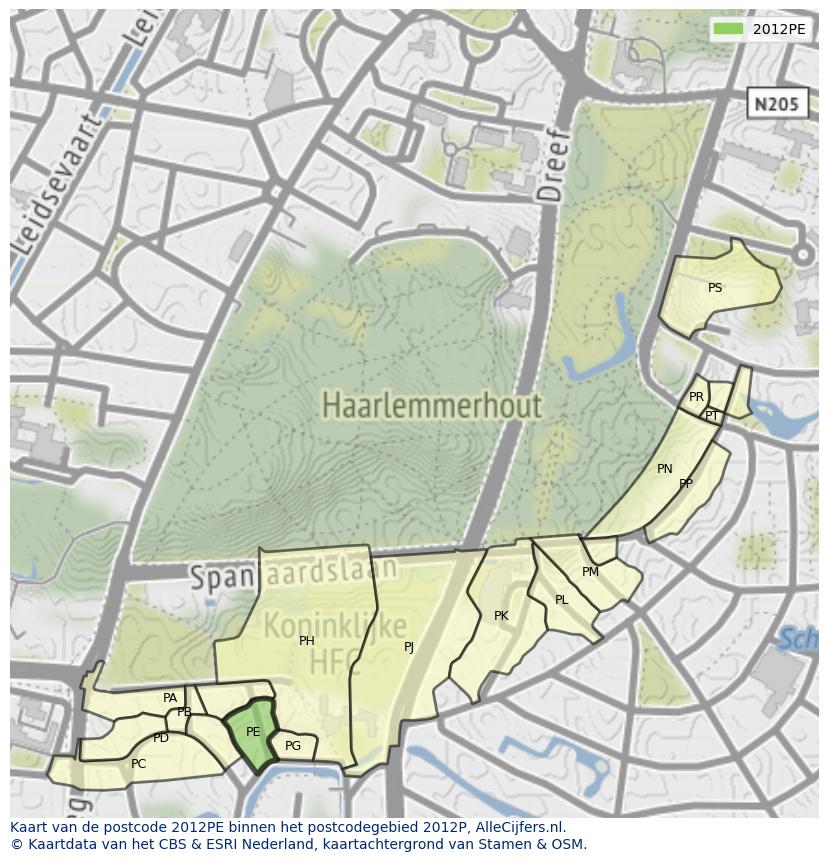 Afbeelding van het postcodegebied 2012 PE op de kaart.