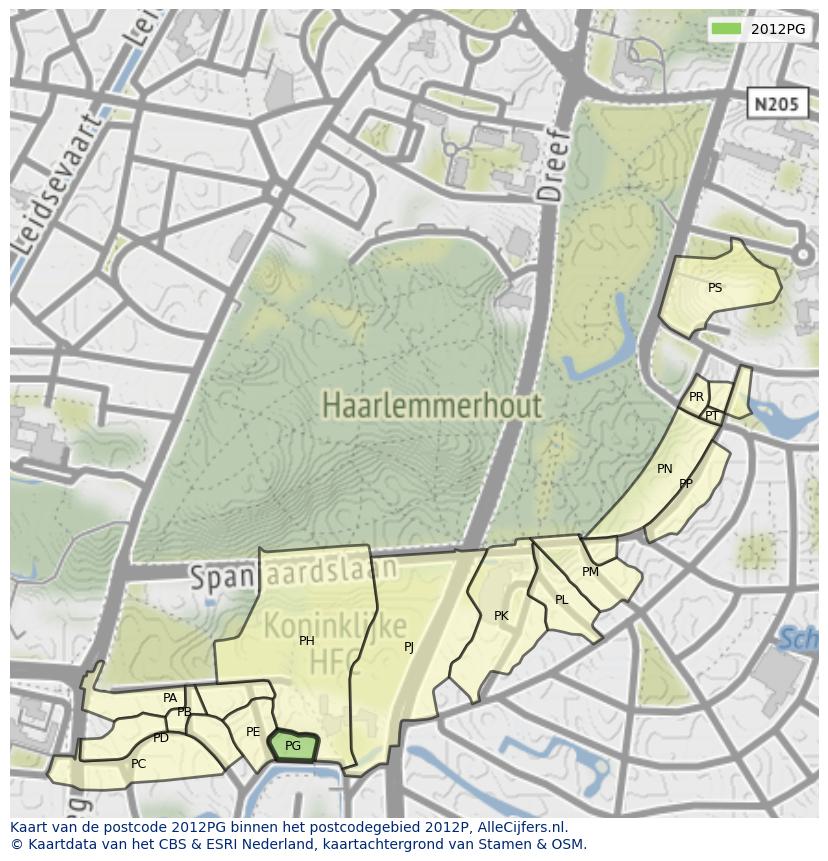 Afbeelding van het postcodegebied 2012 PG op de kaart.