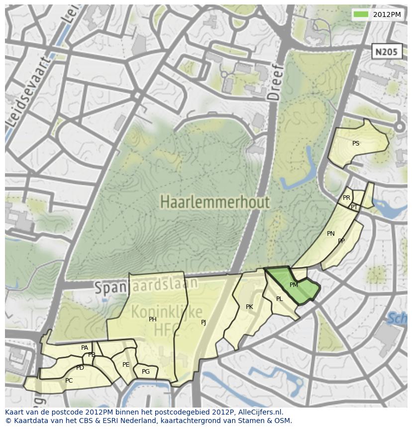 Afbeelding van het postcodegebied 2012 PM op de kaart.