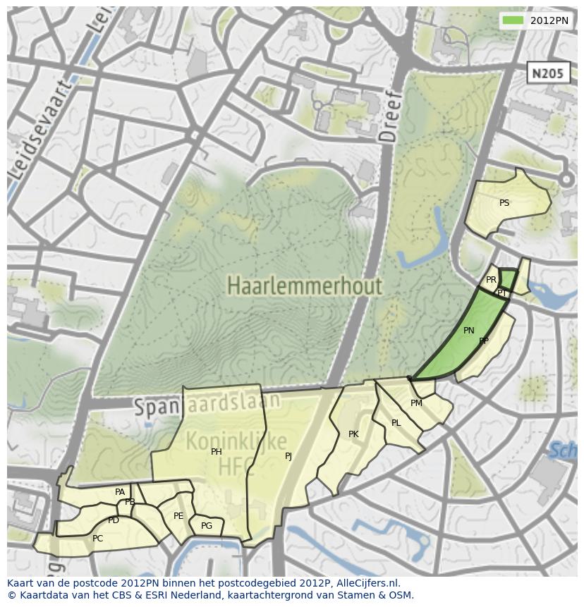 Afbeelding van het postcodegebied 2012 PN op de kaart.
