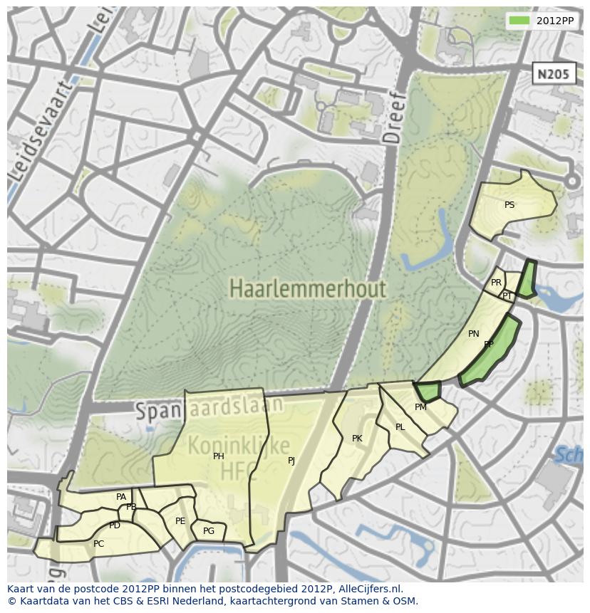 Afbeelding van het postcodegebied 2012 PP op de kaart.